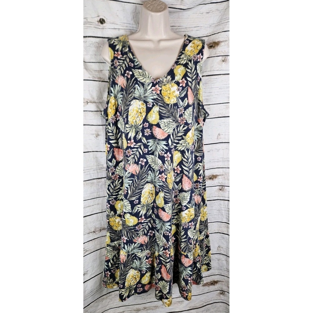 J Jill Tropical Flounced Hem Pineapple Dress 1X Sleeveless Pockets Cotton V-Neck